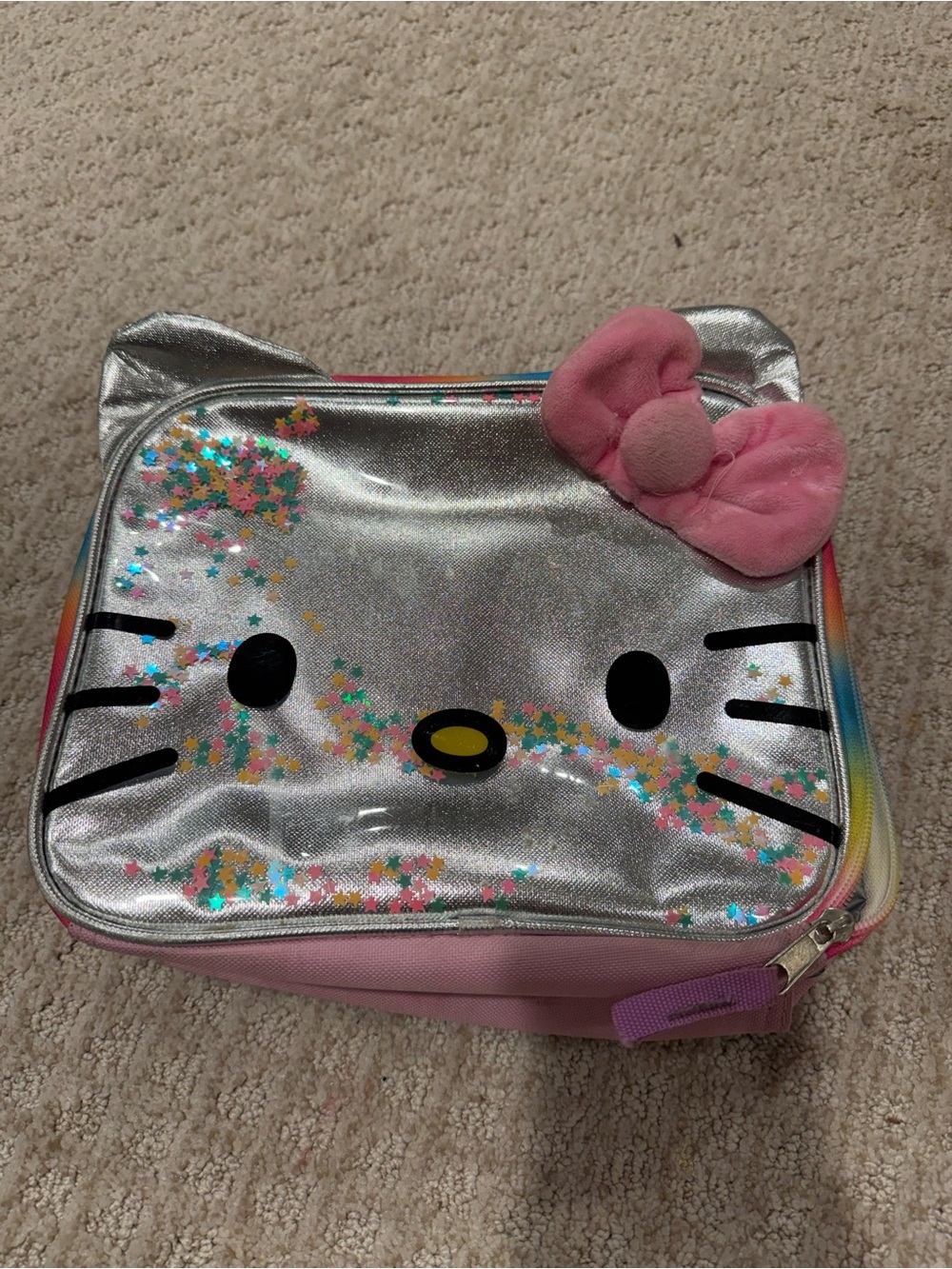 Hello Kitty Silver Lunch Tote with Pink Plush Bow and Rainbow Stars